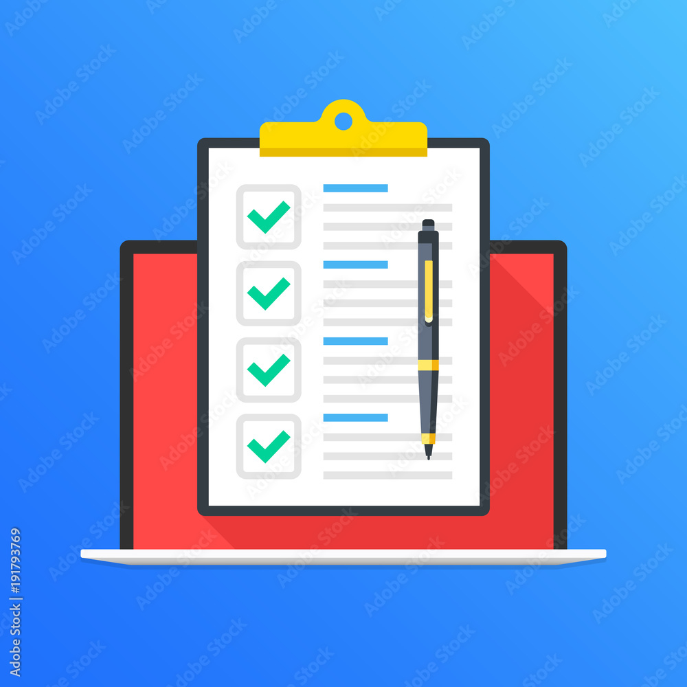 Checklist on laptop screen. Laptop and clipboard with green check marks ...
