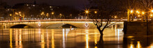 The Panoramic View Of Louis-Philippe Bridge And Seine River In Flooding, Paris.