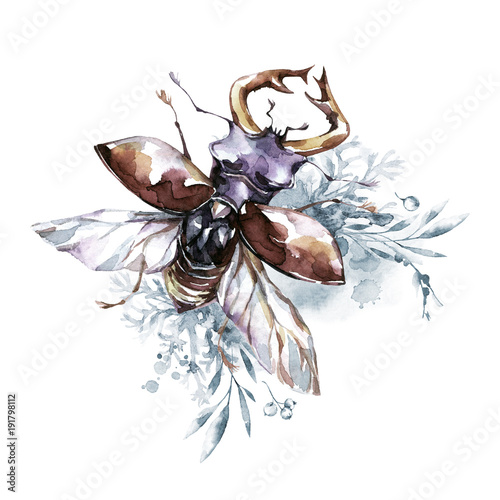 Obraz w ramie Chrząszcz z rogami i skrzydłami na tle kwiatów