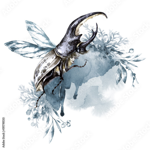 Plakat na zamówienie Watercolor rhinoceros beetle with horns on a floral background. Animal, insects. Magic flight. Can be printed on T-shirts, bags, posters, invitations, cards, phone cases, pillows.