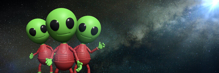 Wall Mural - three cute little alien cartoon characters in front of the milky way galaxy (3d illustration backgro