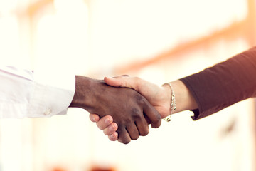 Closeup of White and Black shaking hands over a deal