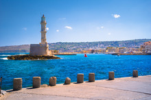 Chania With The Amazing Lighthouse, Mosque, Venetian Shipyards, Crete, Greece.