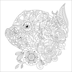 Wall Mural - Piggy with flowers coloring book for adults vector