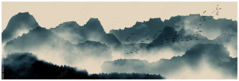 Chinese ink and water landscape painting - obrazy, fototapety, plakaty 