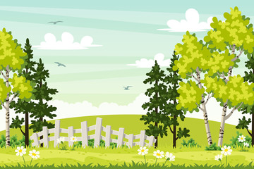 Spring landscape with trees and fence