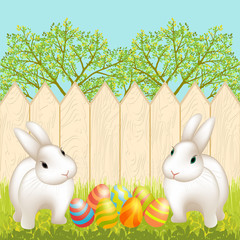 Easter egg hunt scene with two cute easter bunny and colored eggs on the grass, Garden landscape with wooden fence, green vernal trees. Vector illustration