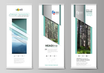Wall Mural - Roll up banner stands, flat design templates, vertical vector flyers, flag layouts. Colorful background, triangular or hexagonal texture for travel business, natural landscape in polygonal style.