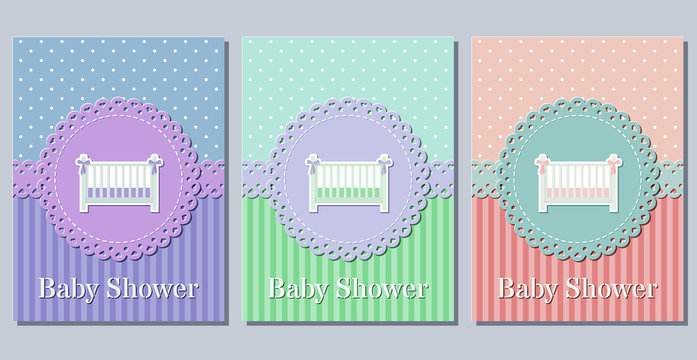 Baby shower cards. Invitation for baby shower party lacy frames. Vector illustration. Set cute greeting background in pastel colors for girl and boy with crib. Holiday templates of die laser cutting.