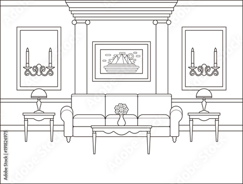 Living Room Interior Linear Room Vector Outline