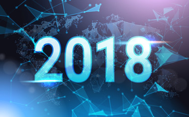Poster - 2018 Year Sign Over Futuristic Low Poly Mesh Wireframe On Blue Background Vector Illustration