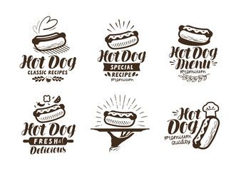 Poster - Hot dog logo or label. Fast food, takeaway icon. Lettering vector illustration