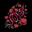 snake and red forbidden strawberry fruit. Traditional stylish floral embroidery stitch on a black background. Sketch for printing on fabric, clothing, bag, accessories and design. Vector, trend