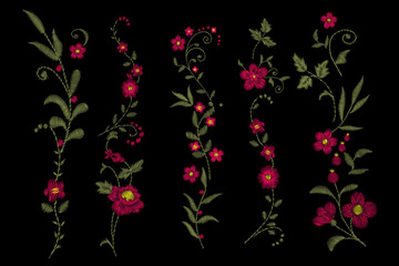  white lace. Traditional folk flower fashionable embroidery on the black background. A bouquet of roses and a dog rose, for printing on clothes, vector