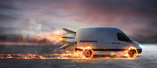 super fast delivery of package service with van with wheels on fire