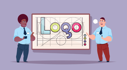 Poster - Two Business Men Over Logo Word Creative Graphic Design On Abstract Geometric Shapes Background Vector Illustration
