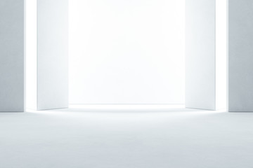 Abstract interior design of modern showroom with empty concrete floor and white wall background - Hall or stage 3d illustration