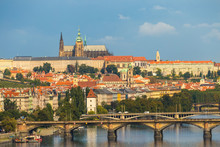View On The Prague Castle, Prazsky Hrad In Czech, And Vltava River.