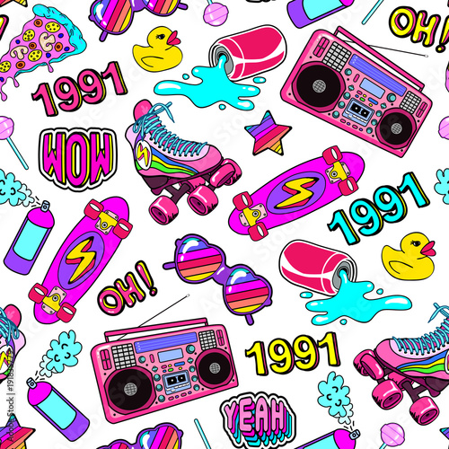 Fotografie, Obraz Seamless pattern with colorful elements from the nineties