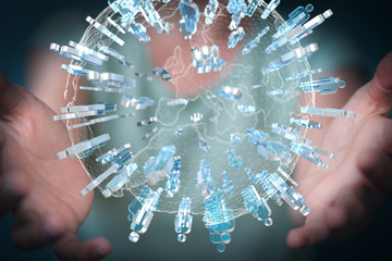 Aufkleber - Businesswoman holding and touching 3D rendering group of blue people