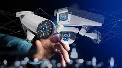Poster - Businessman holding a Security camera system and network connection - 3d rendering