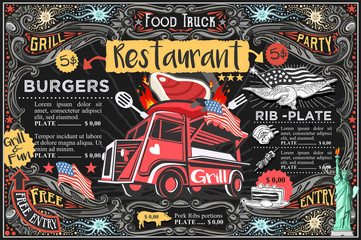 Food truck menu with logo. Hipster advertise layout. Us vector design.