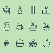Gardening Icons Set With Gnome, Fountain, Draw Well And Other Package
 Elements. Isolated Vector Illustration Gardening Icons.