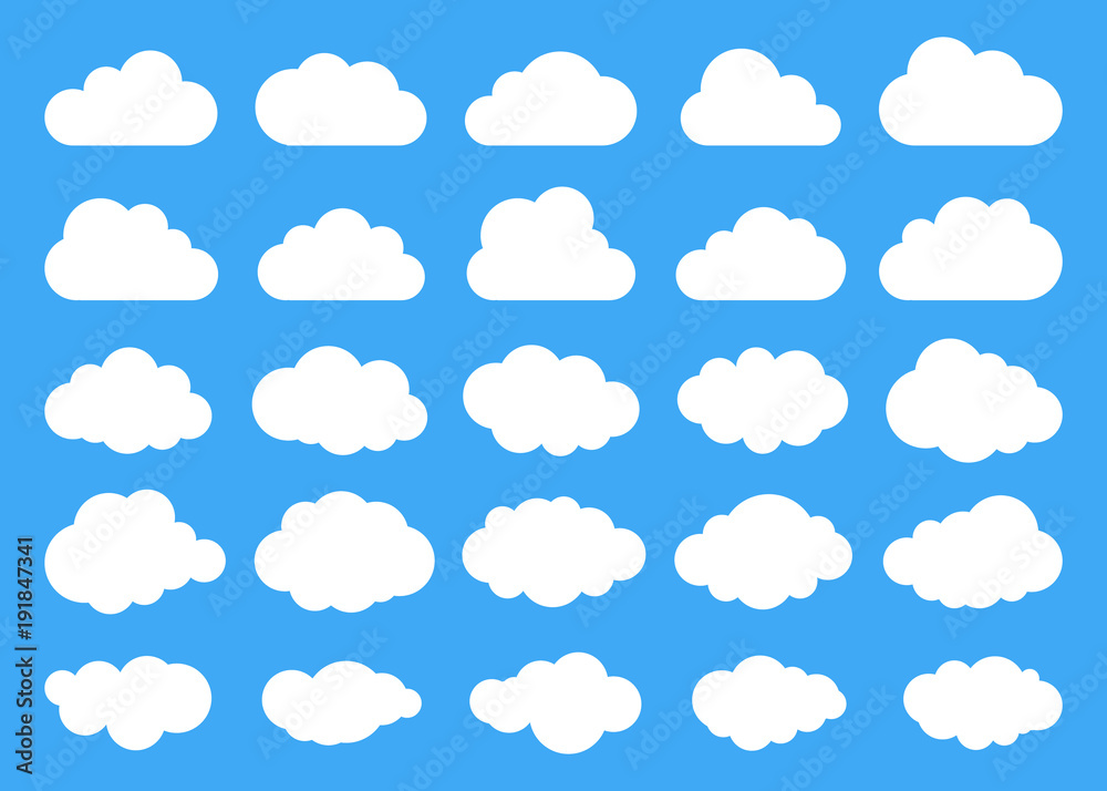 Clouds silhouettes. Vector set of clouds shapes. Collection of various forms and contours. Design elements for the weather forecast, web interface or cloud storage applications - obrazy, fototapety, plakaty 