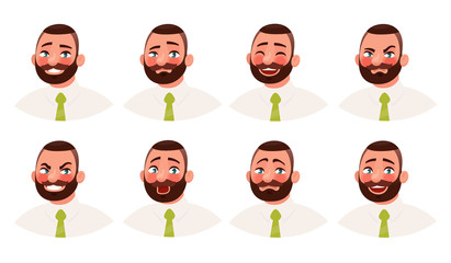 Wall Mural - Businessman with different emotions. A bearded man office worker emoji. Vector illustration in cartoon style