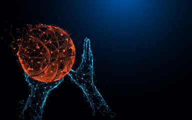 Aufkleber - Abstract basketball player hands shooting basketball form lines and triangles, point connecting network on blue background. Illustration vector