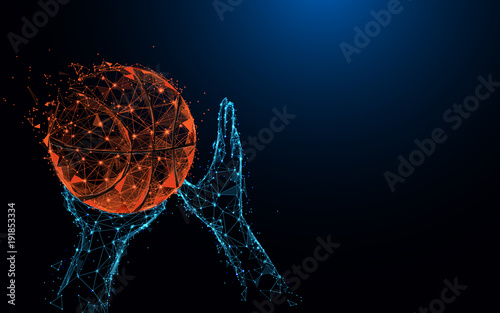 Foto-Schiebegardine mit Schienensystem - Abstract basketball player hands shooting basketball form lines and triangles, point connecting network on blue background. Illustration vector (von pickup)