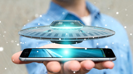 Poster - Businessman with retro UFO spaceship 3D rendering