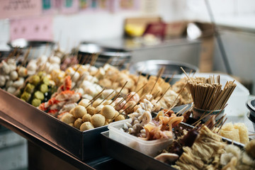 Fish cake and seafood skewer in Macau local street market