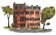 Vector sketch illustration of vintage townhouses. Digital watercolor illustration