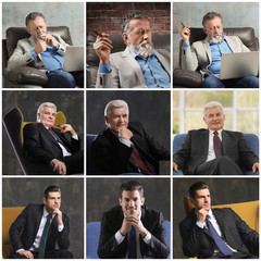 Wall Mural - Set with confident businessmen sitting in comfortable armchairs indoors