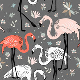 Abstract hand painted seamless animal background. Birds Flamingo