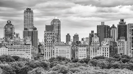  Black and white picture of the Manhattan skyline over the Central Park, New York City, USA.