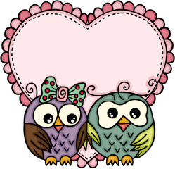 Wall Mural - Owl couple in love with big heart
