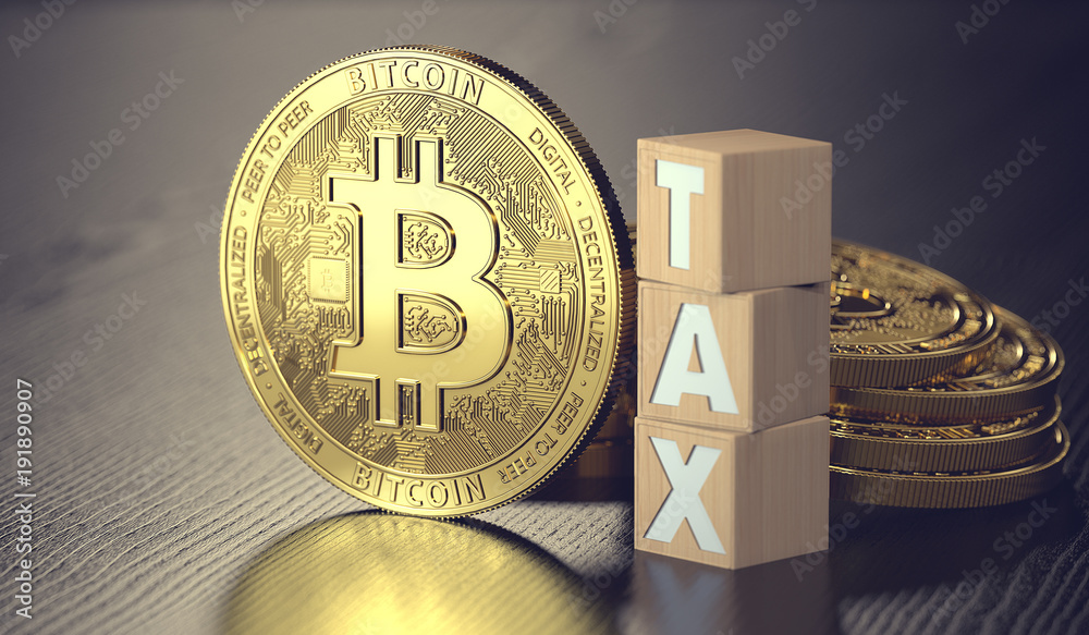 Bitcoin standing next to wooden blocks with TAX letters. Taxes on bitcoin investments concept. 3D rendering