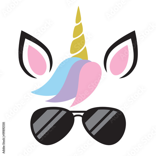 Valokuva  Vector illustration of cute unicorn face wearing sunglasses.