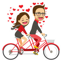 Cute Young Couple On Valentine Day Riding On Tandem Bicycle Celebrating Love Together