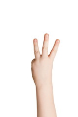 Wall Mural - Kid hand shows number three on white background