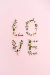 Wall Mural - Word Love made of eucalyptus branches on pink background. Valentine's Day concept. Flat lay, top view.
