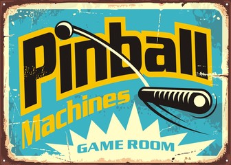 Pinball machines game room retro sign advertisement. Leisure flipper games vintage poster design. 