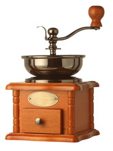 Vintage Manual Coffee Grinder In Brown Wooden Body