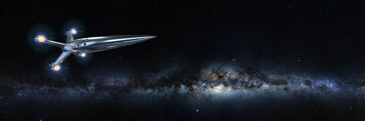 spaceship in front of the milky way galaxy