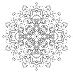 Flower circular mandala for adults. Coloring book page design. Anti stress black and white vintage decorative element. Monochrome oriental ethnic pattern. Hand drawn isolated vector illustration.