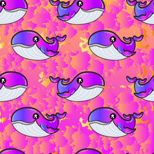 Cute Kids Whale Pattern For Girls And Boys. Colorful Whale On The Abstract Bright Pattern Create A Fun Cartoon Drawing. The Whale Pattern Is Made In Dark Colors. Urban Backdrop For Textile And Fabric