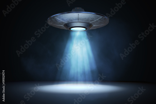 Light Beam From Flying Ufo Alien Spaceship 3d Rendered