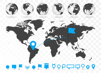 Poster - world map and 3d globe set with infographics elements.